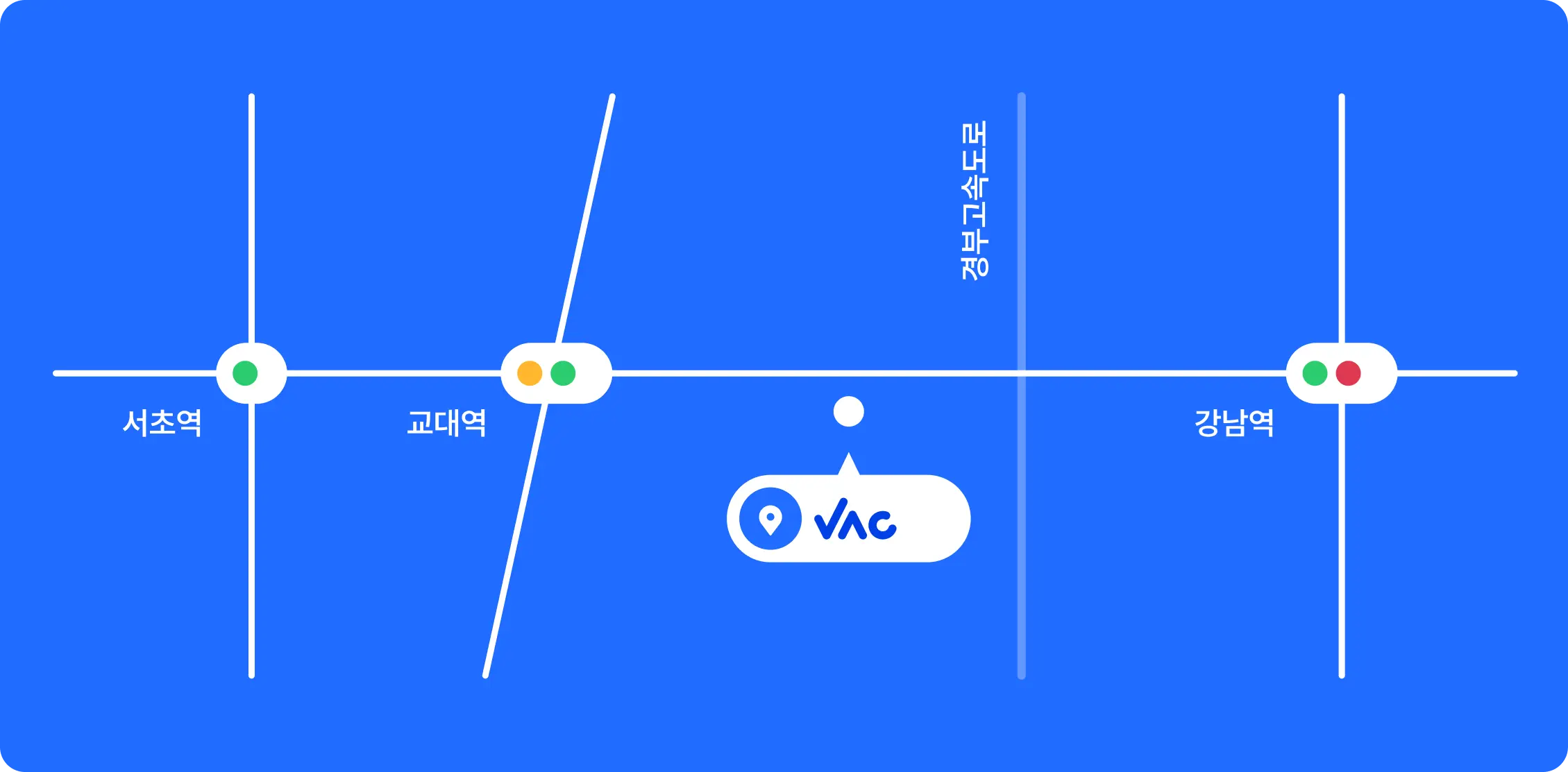 VAC 심리상담센터 약도. 교대역 1번 출구 인근 위치이며, 서초역과 강남역 사이 서초대로에 위치함